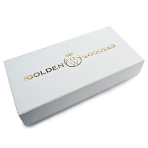 white luxury gift box with gold logo for all inclusive cosmetics set